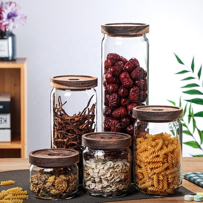 4.52" Transparent Glass Containers With Wood Lids Food Storage 950ml Anti Spill